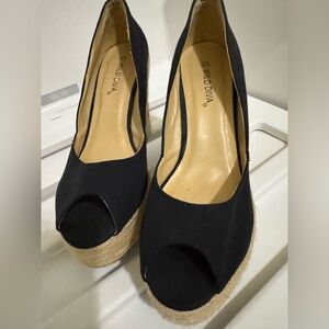 Wild Diva Black Peep Toe Wedges with Tan Sole